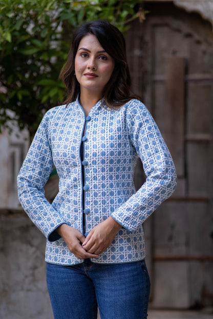 Floral Block Printed Reversible Quilted Jacket-NVQJ532