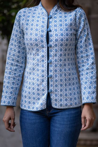 Floral Block Printed Reversible Quilted Jacket-NVQJ532
