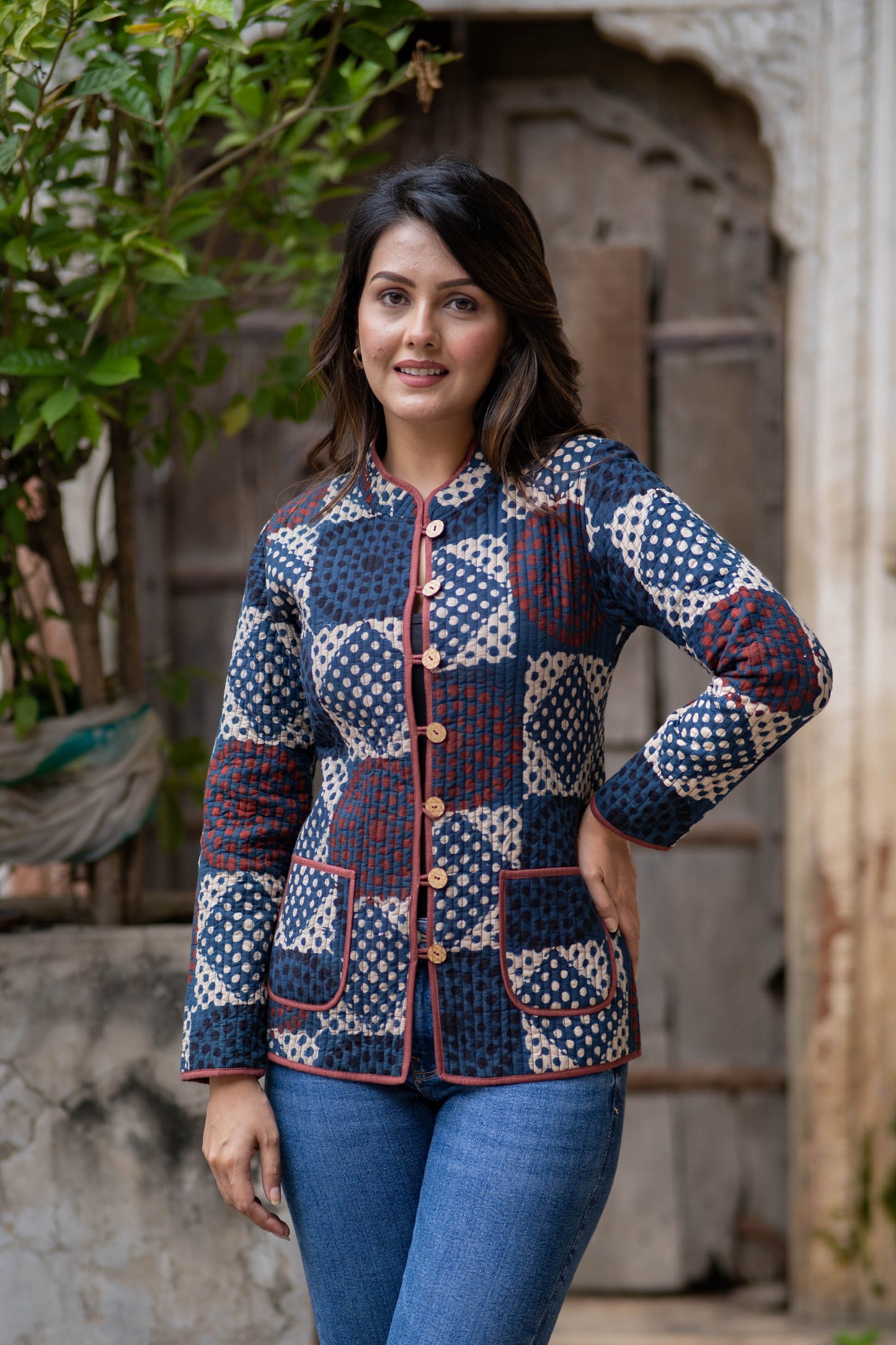 Dot Block Printed Reversible Quilted Jacket-NVQJ539