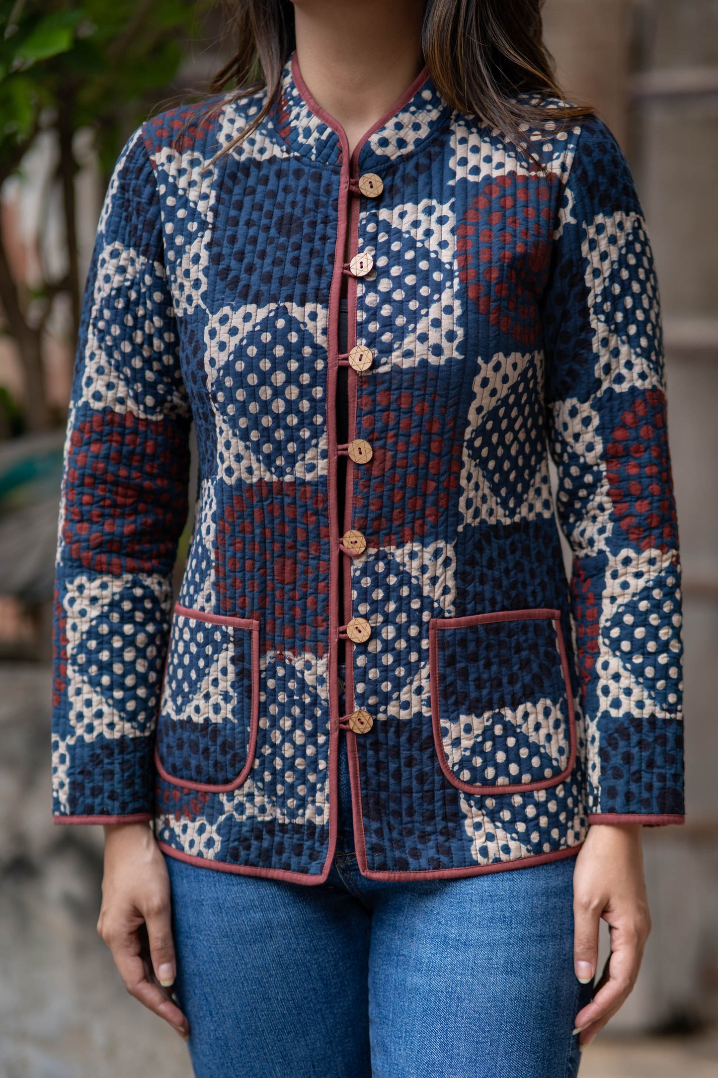 Dot Block Printed Reversible Quilted Jacket-NVQJ539