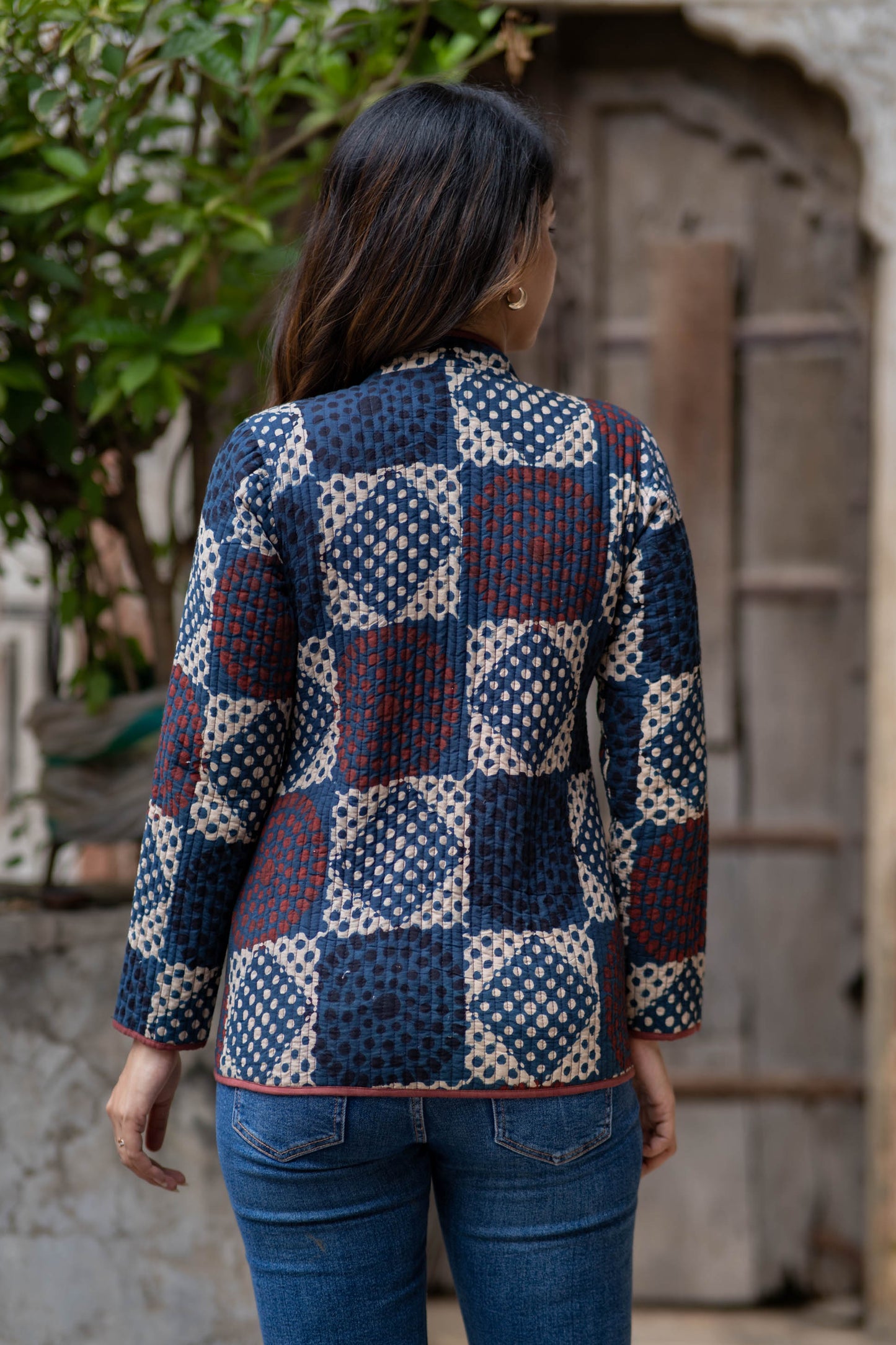 Dot Block Printed Reversible Quilted Jacket-NVQJ539