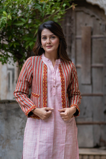 Bagru Embroidered Reversible Quilted Jacket-NVQJ546