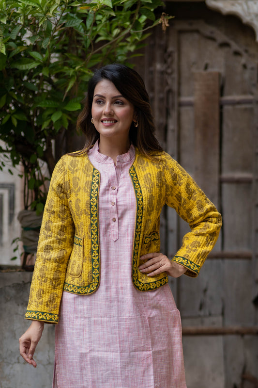 Yellow Embroidered Reversible Quilted Jacket-NVQJ545