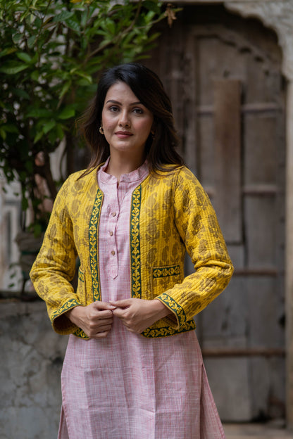 Yellow Embroidered Reversible Quilted Jacket-NVQJ545