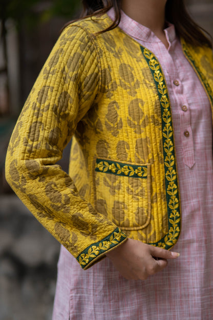 Yellow Embroidered Reversible Quilted Jacket-NVQJ545