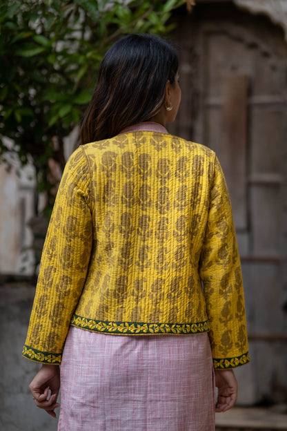 Yellow Embroidered Reversible Quilted Jacket-NVQJ545