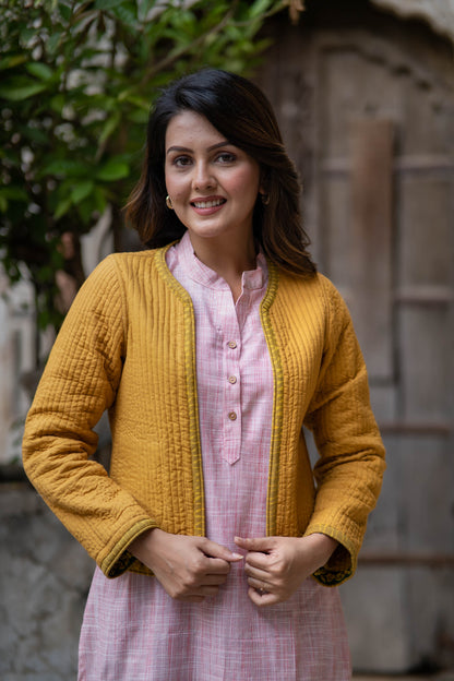 Yellow Embroidered Reversible Quilted Jacket-NVQJ545