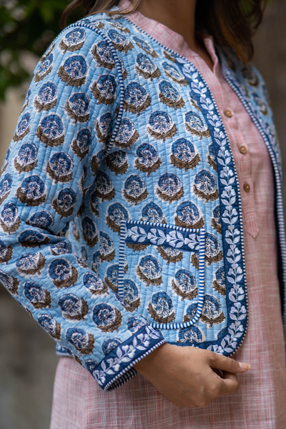 Blue Embroidered Reversible Quilted Jacket-NVQJ544