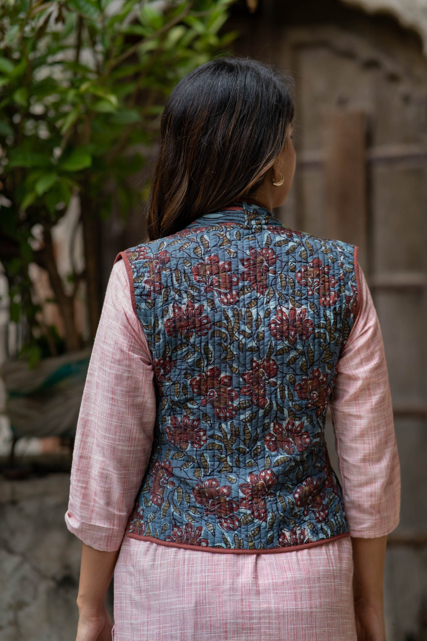 Blue Ajrakh Angrakha Sleeveless Jacket-NVQJ543