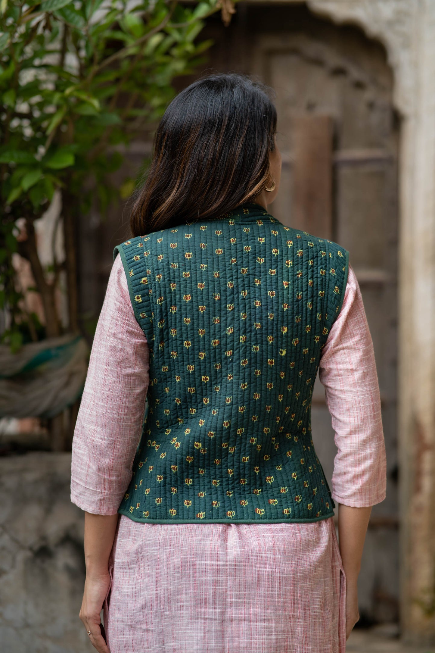 Green Ajrakh Angrakha Sleeveless Jacket-NVQJ542