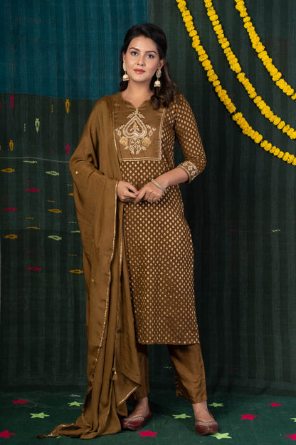 BROWN ZARI KURTA DUPATTA SET-NVKS602