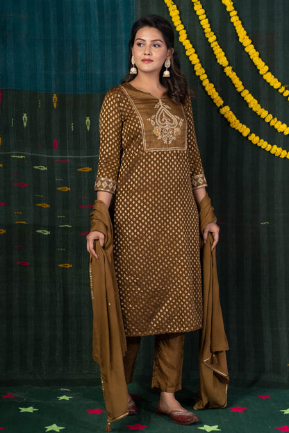 BROWN ZARI KURTA DUPATTA SET-NVKS602