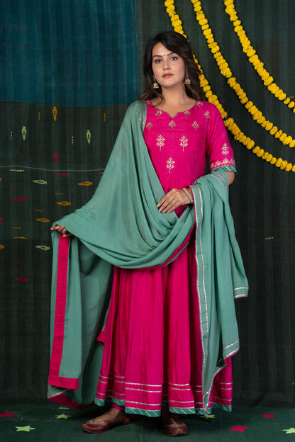 PINK ANARKALI KURTA DUPATTA SET-NVKS604