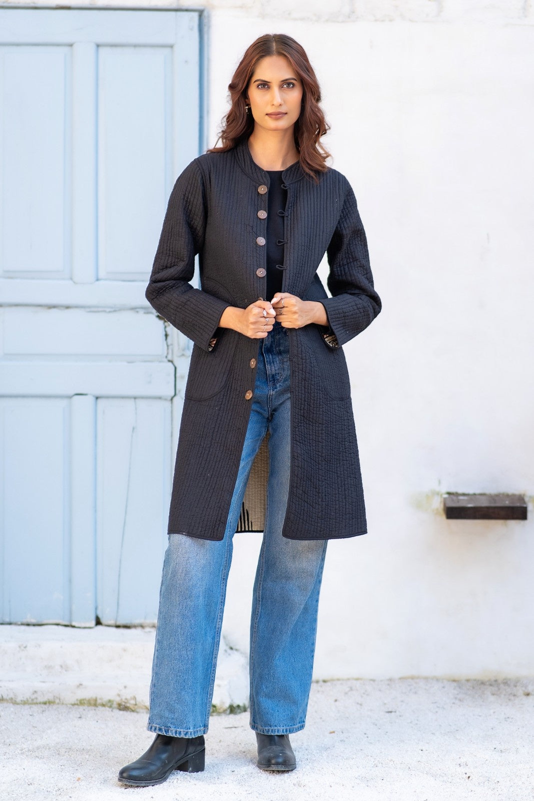 Black Beige Reversible Quilted Coat-NVQJ642