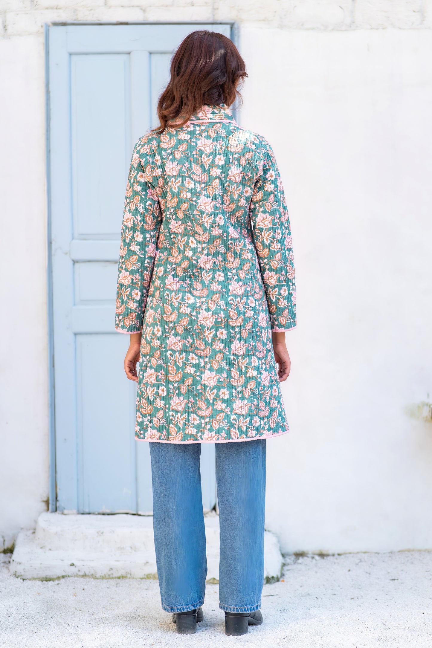 Green Block Printed Quilted Bukhara Jacket-NVQJ629