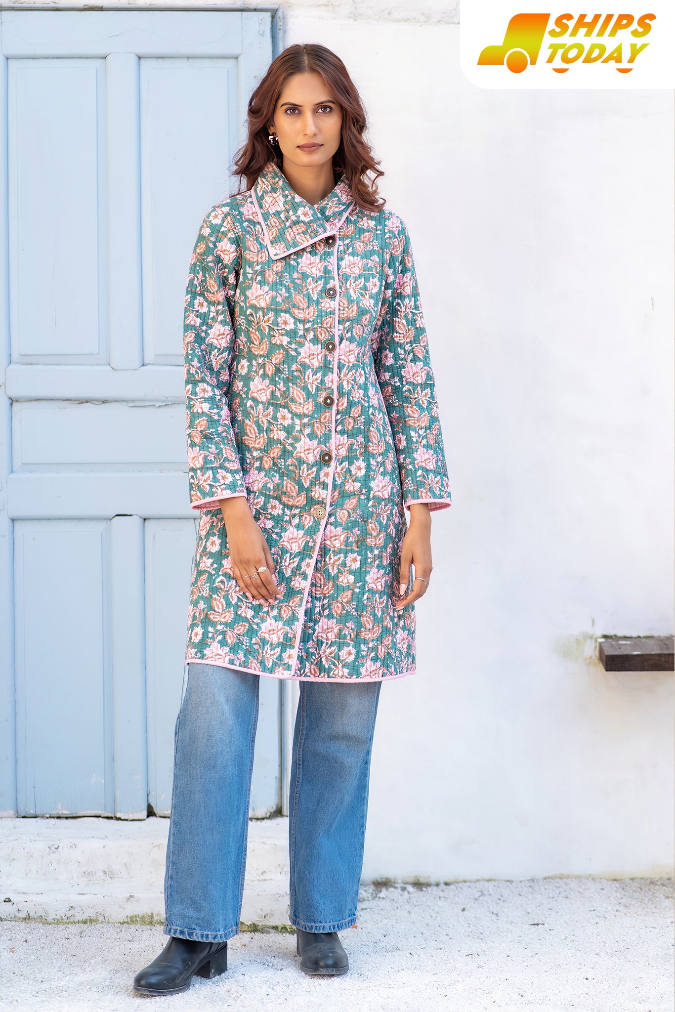 Green Block Printed Quilted Bukhara Jacket-NVQJ629