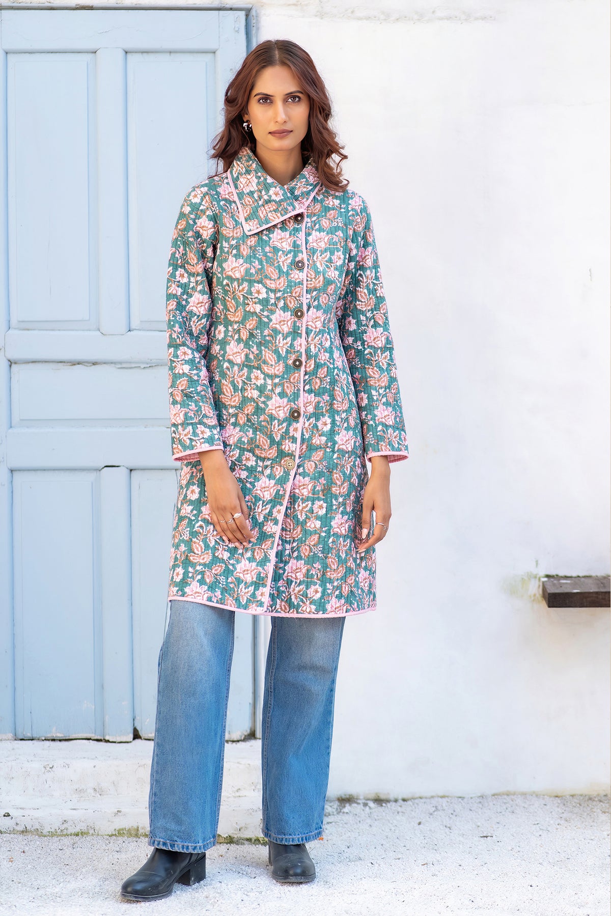 Green Block Printed Quilted Bukhara Jacket-NVQJ629