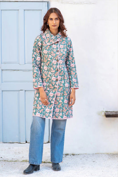 Green Block Printed Quilted Bukhara Jacket-NVQJ629