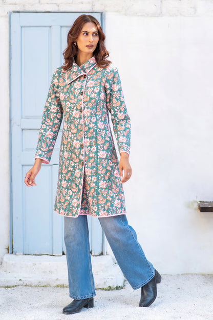 Green Block Printed Quilted Bukhara Jacket-NVQJ629