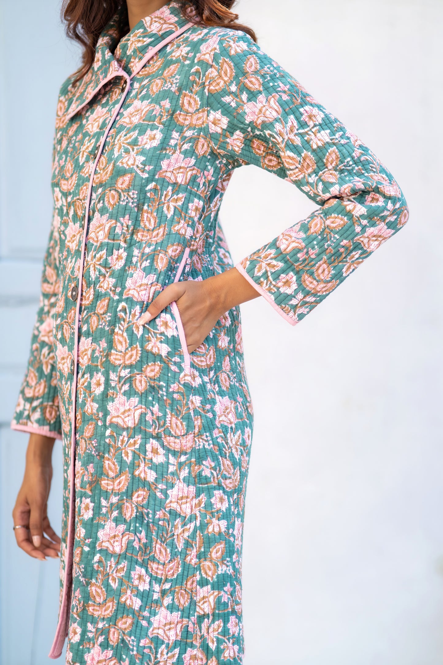 Green Block Printed Quilted Bukhara Jacket-NVQJ629