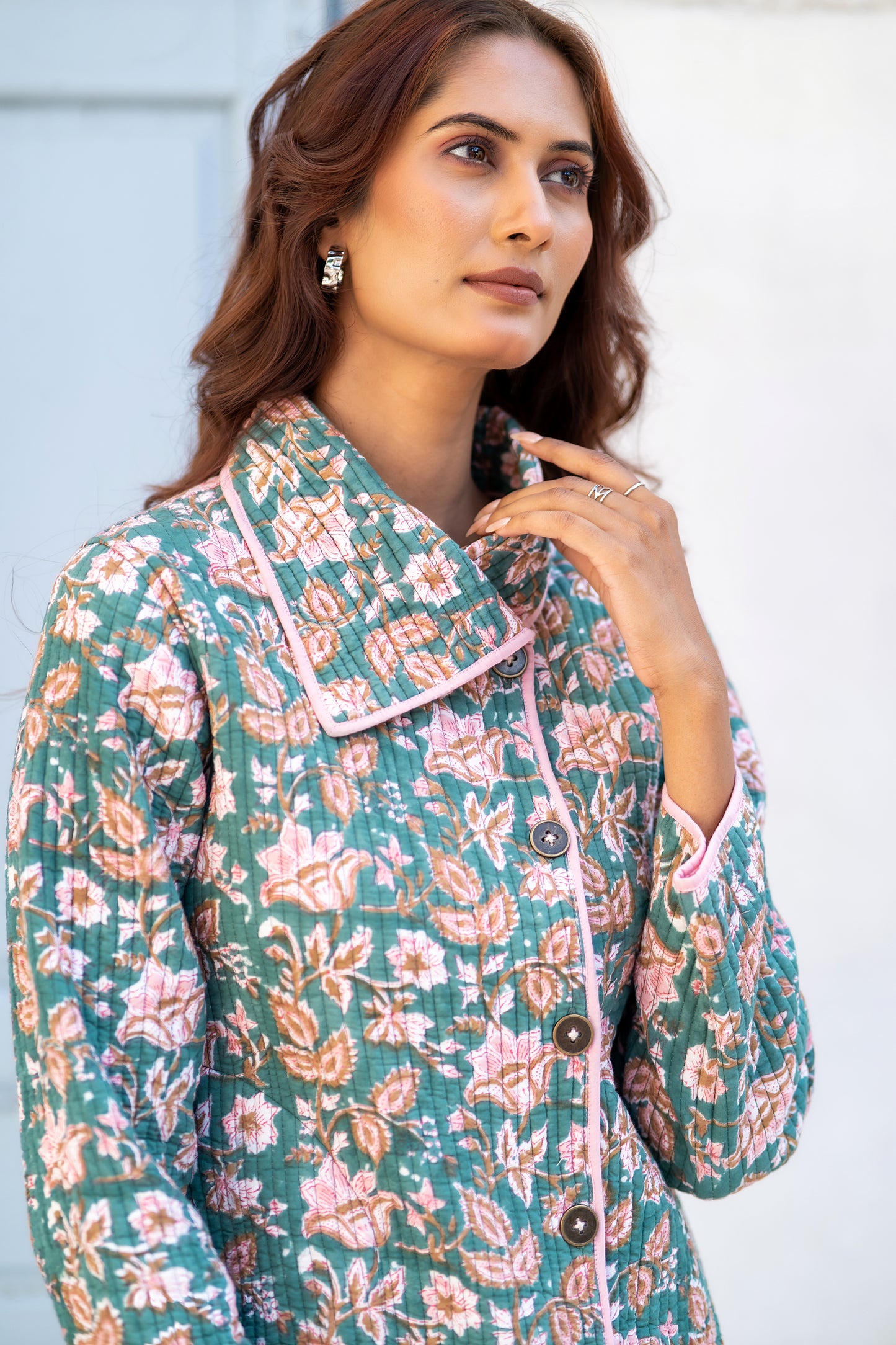 Green Block Printed Quilted Bukhara Jacket-NVQJ629