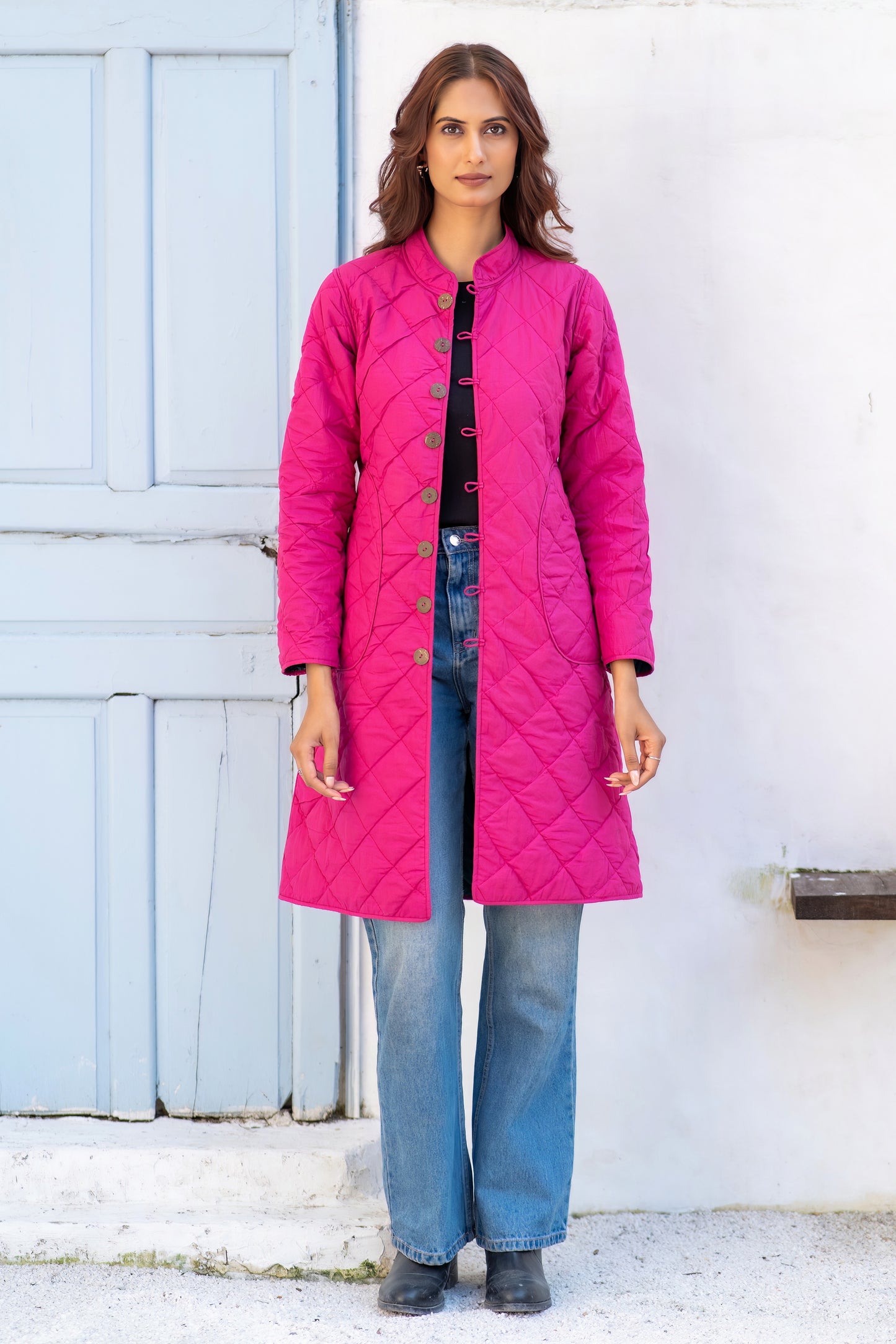 Green Pink Reversible Quilted Coat-NVQJ633