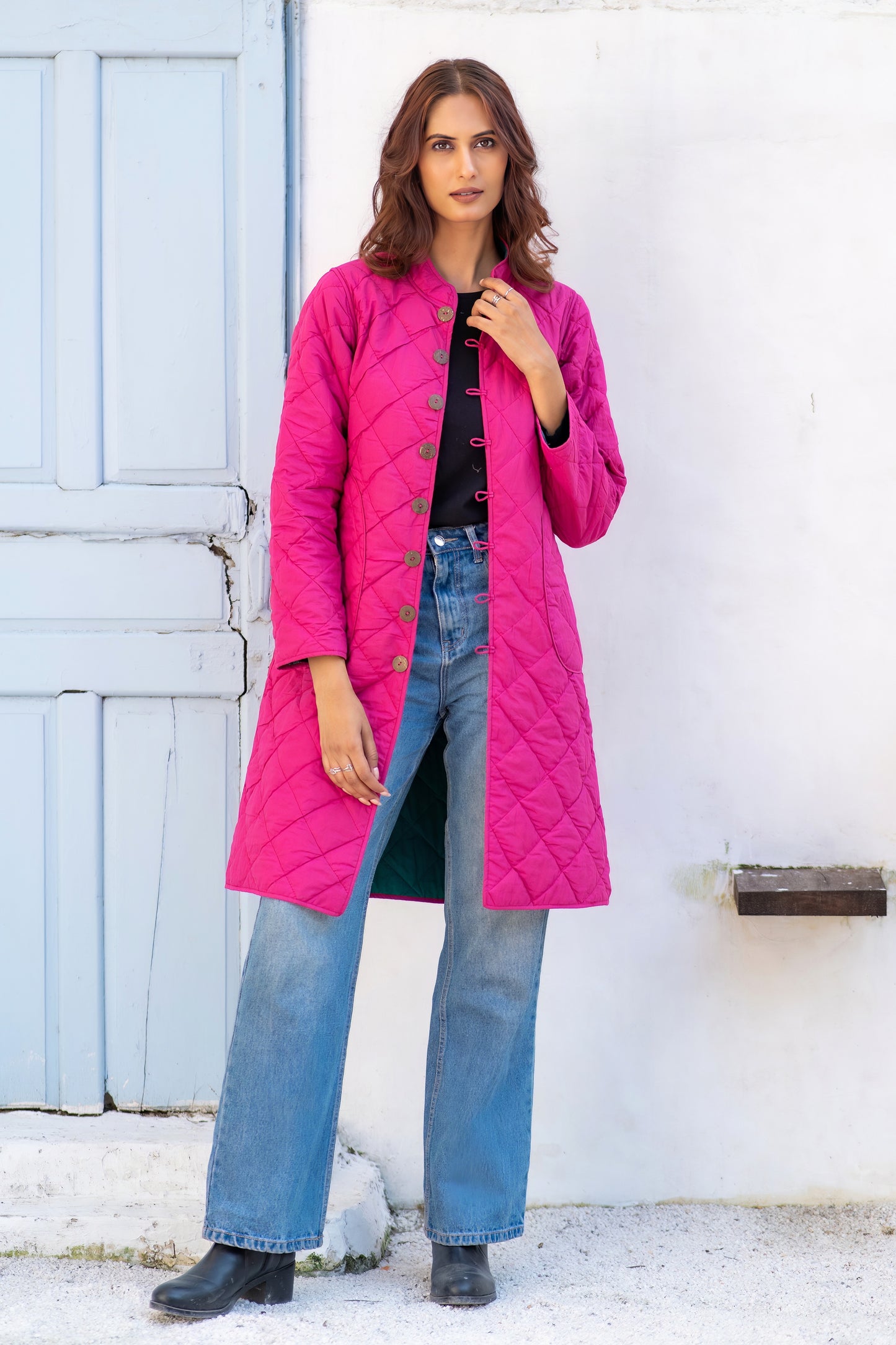 Green Pink Reversible Quilted Coat-NVQJ633