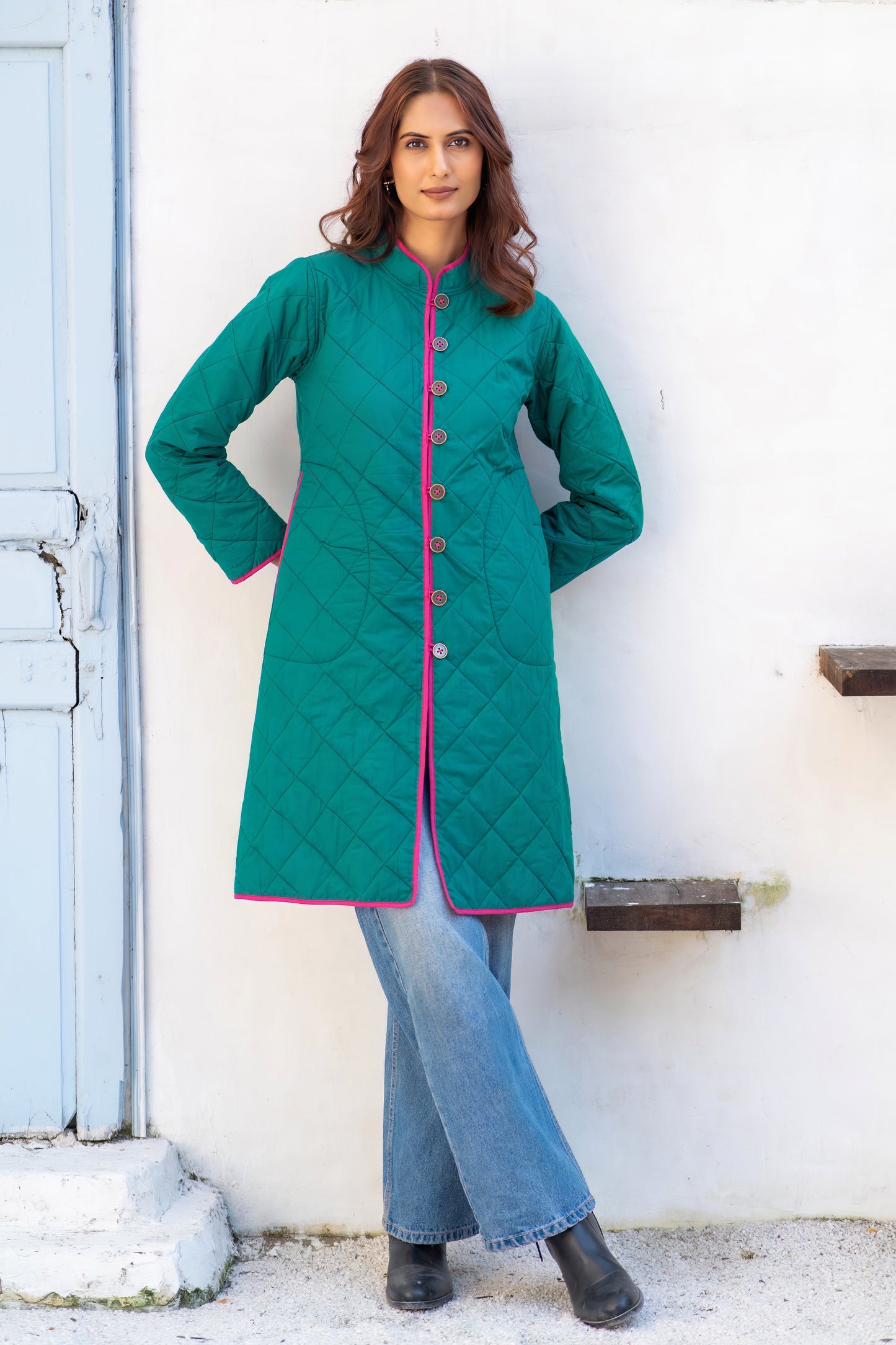 Green Pink Reversible Quilted Coat-NVQJ633