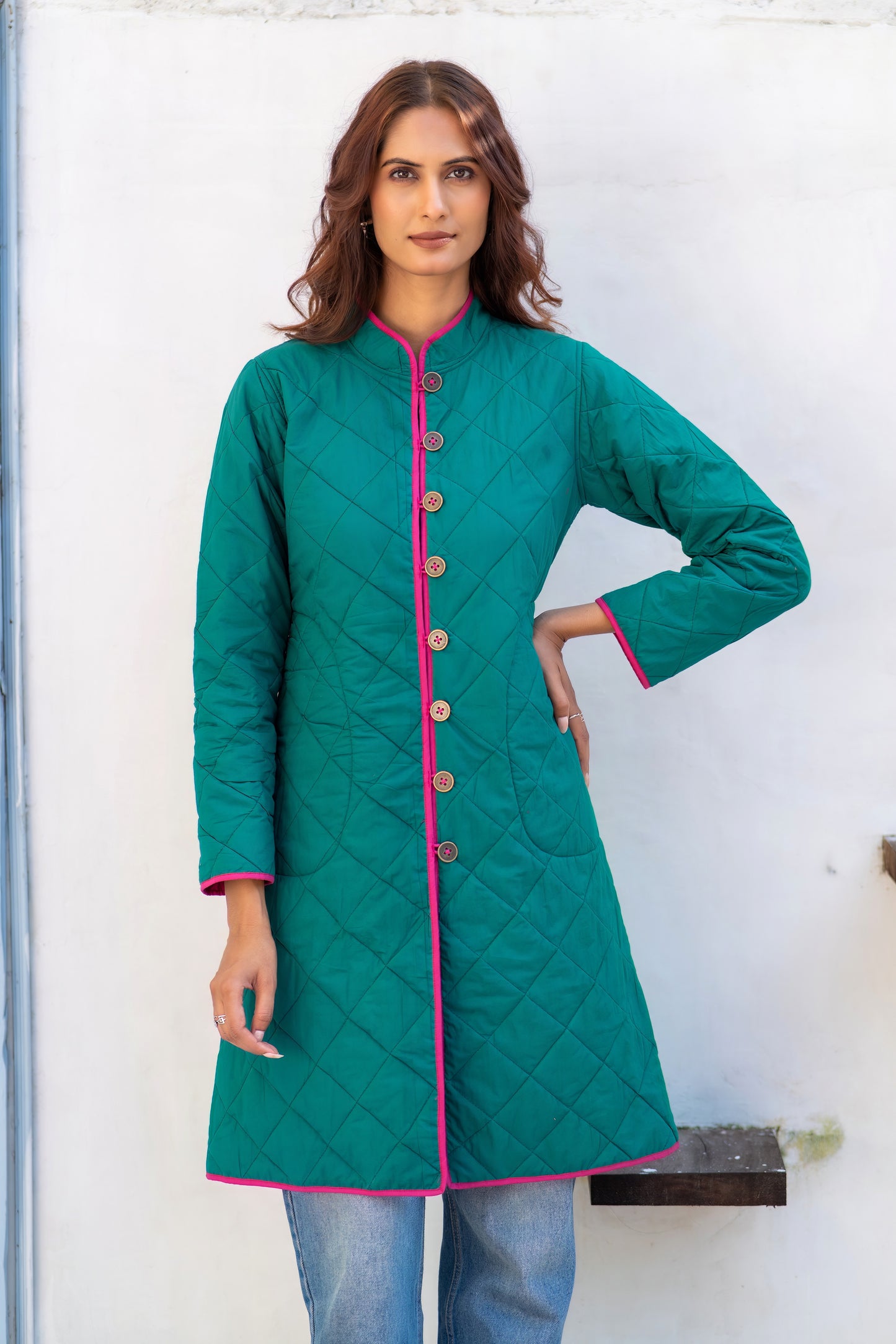 Green Pink Reversible Quilted Coat-NVQJ633