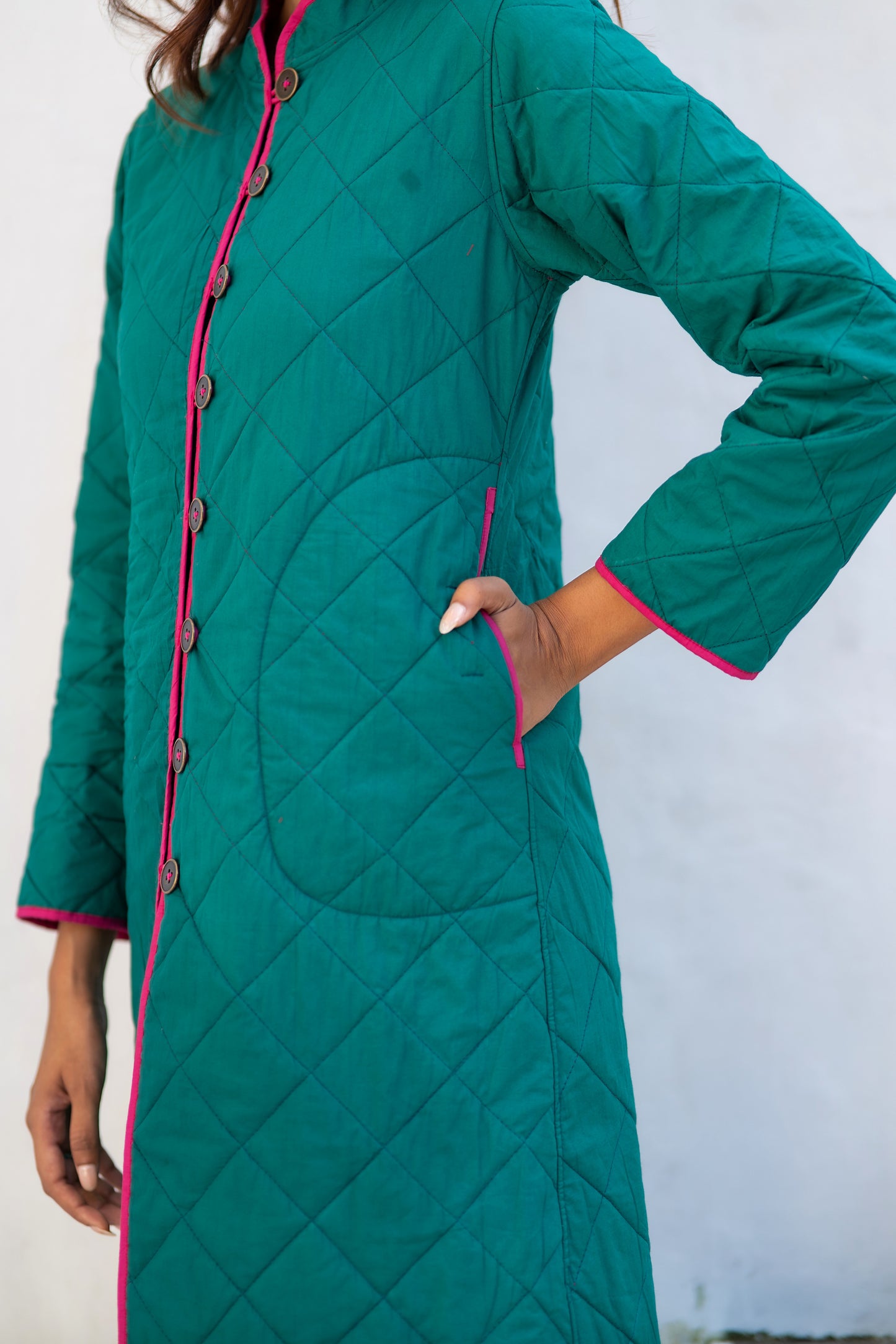 Green Pink Reversible Quilted Coat-NVQJ633