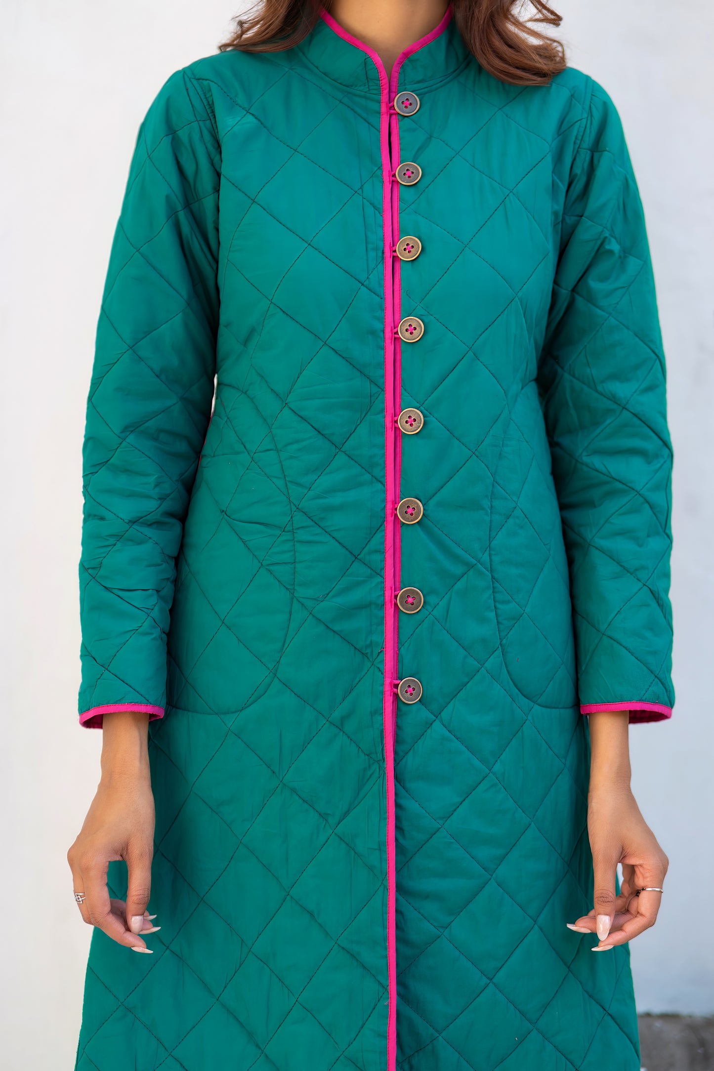 Green Pink Reversible Quilted Coat-NVQJ633