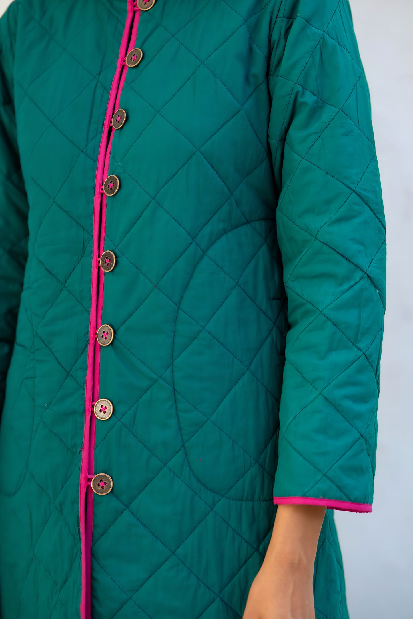 Green Pink Reversible Quilted Coat-NVQJ633