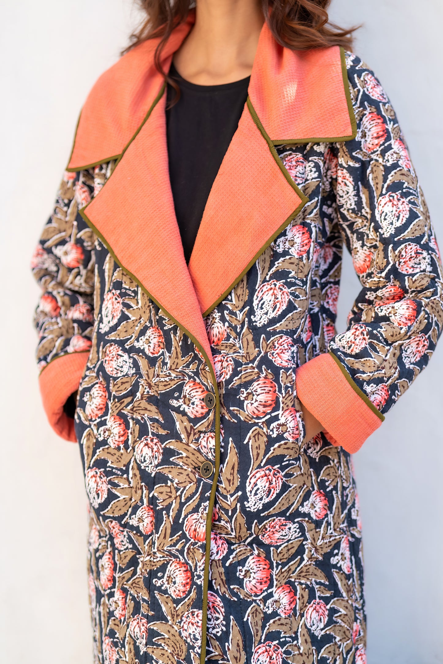 Black Block Printed Waffle Quilted Coat-NVQJ641