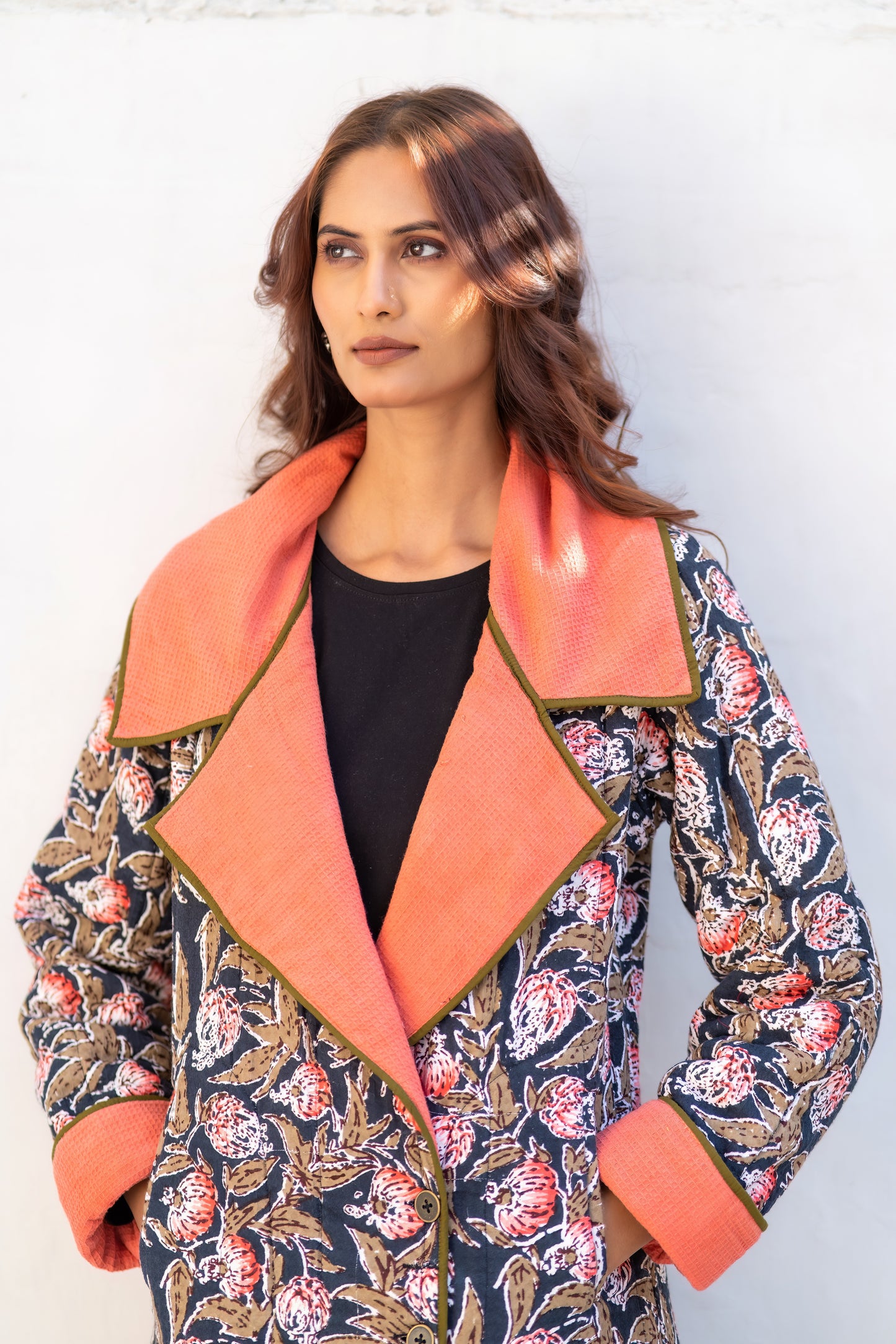 Black Block Printed Waffle Quilted Coat-NVQJ641