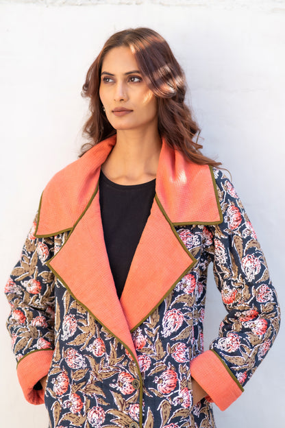 Black Block Printed Waffle Quilted Coat-NVQJ641