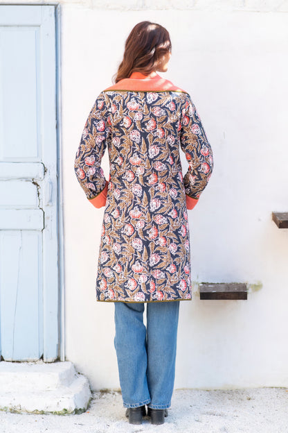 Black Block Printed Waffle Quilted Coat-NVQJ641
