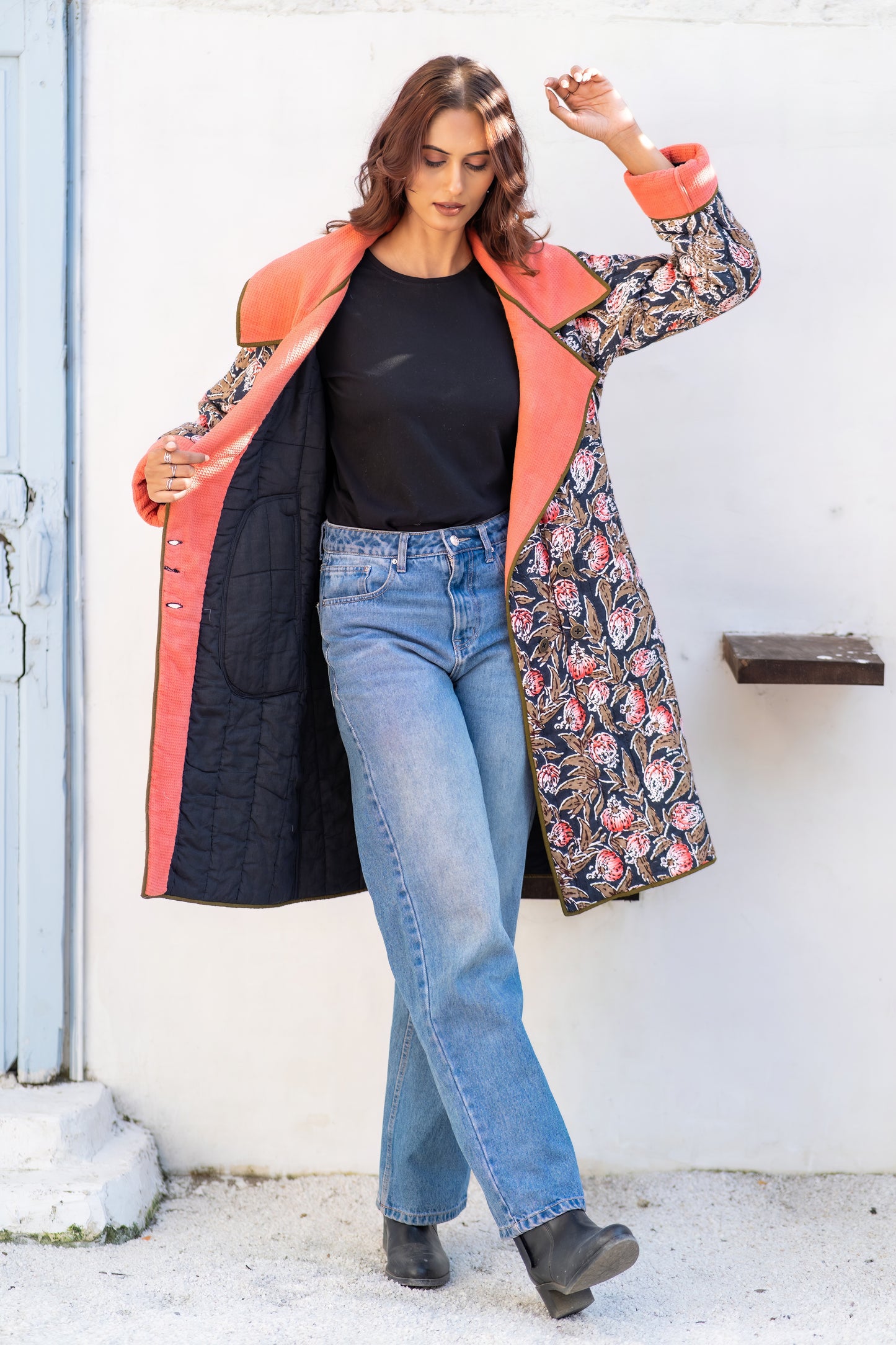 Black Block Printed Waffle Quilted Coat-NVQJ641