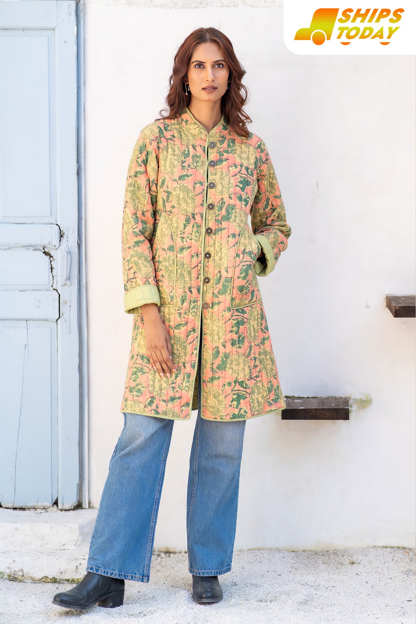 Green Folded Sleeves Quilted Coat-NVQJ630