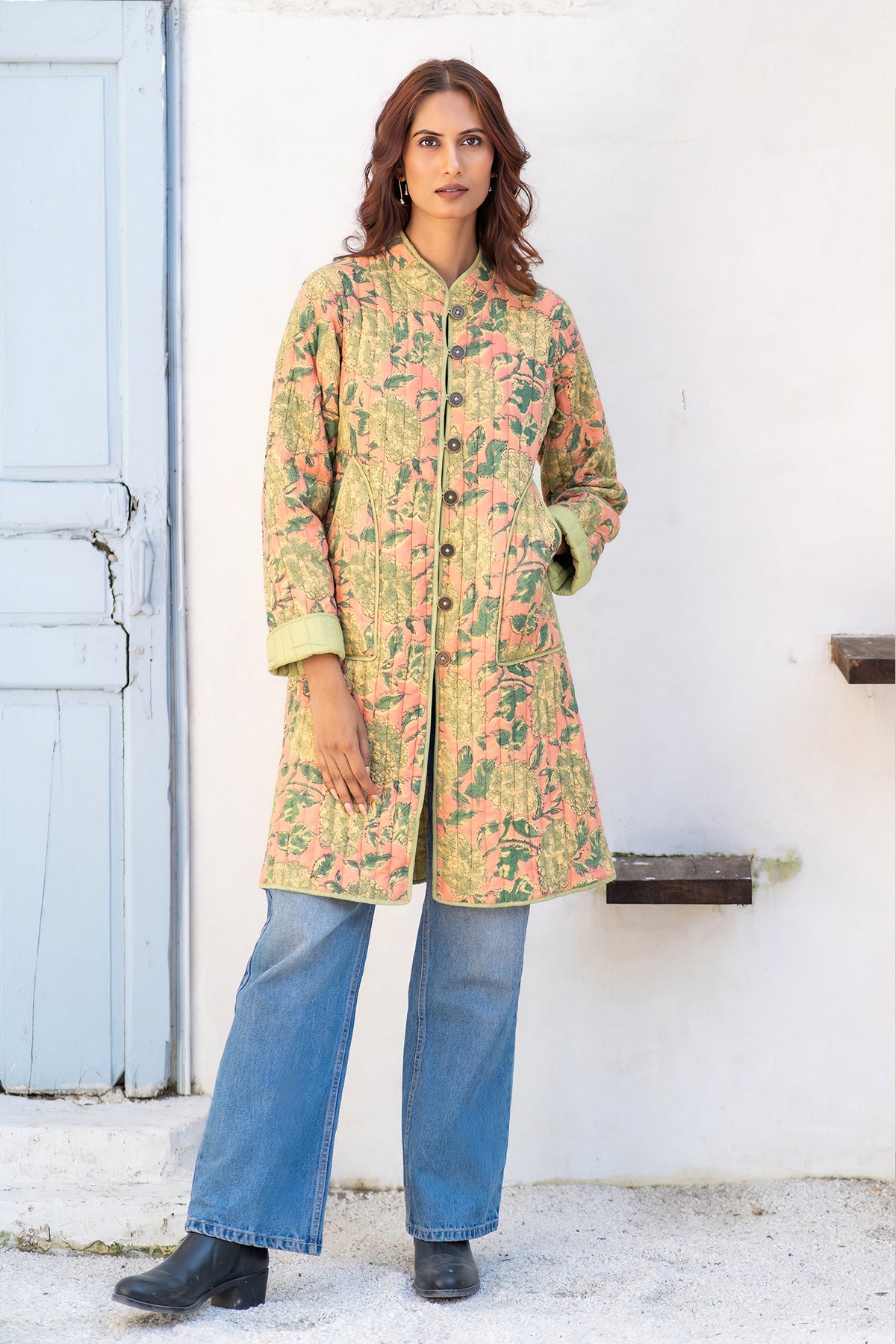 Green Folded Sleeves Quilted Coat-NVQJ630