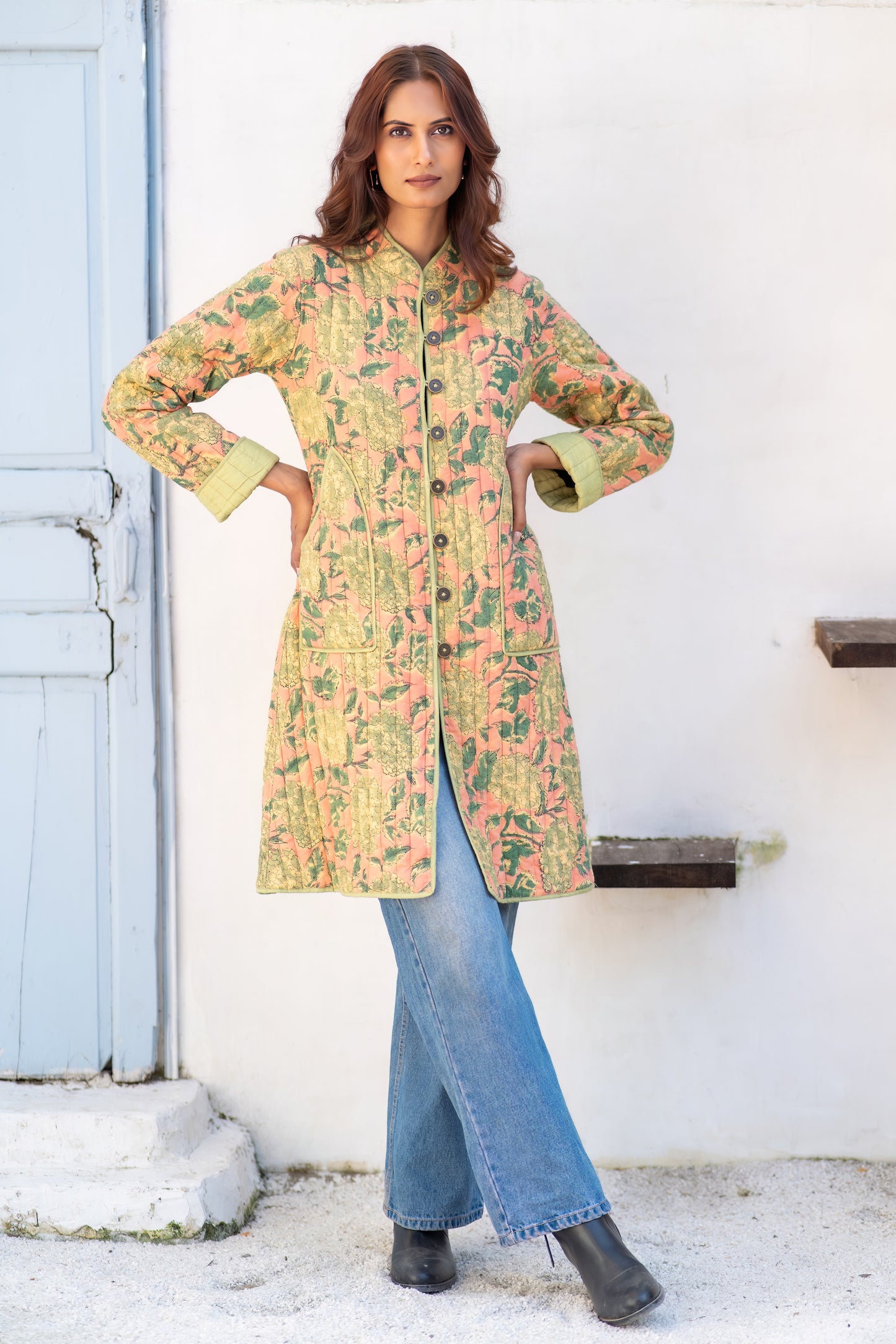 Green Folded Sleeves Quilted Coat-NVQJ630