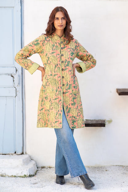 Green Folded Sleeves Quilted Coat-NVQJ630