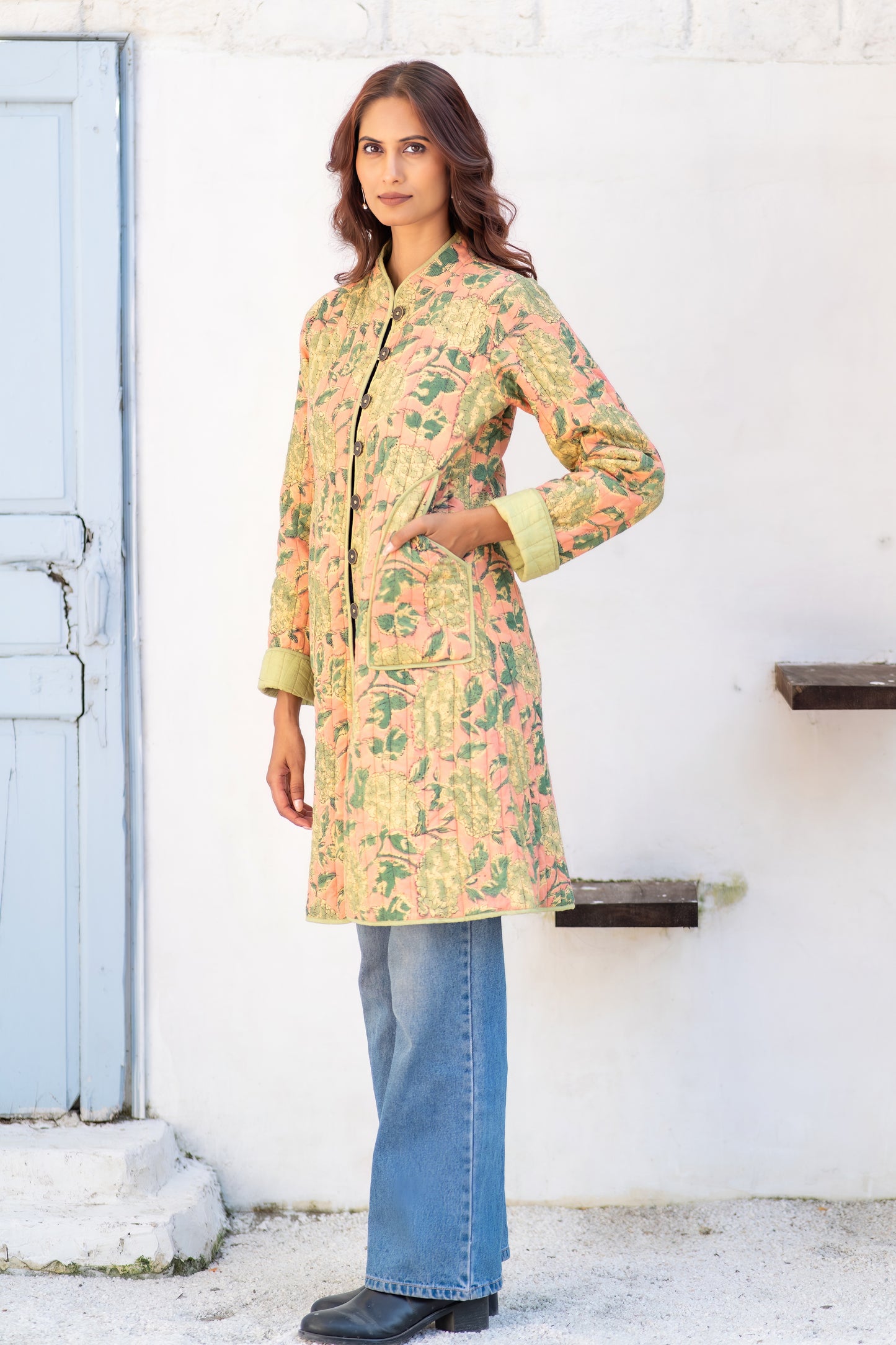 Green Folded Sleeves Quilted Coat-NVQJ630