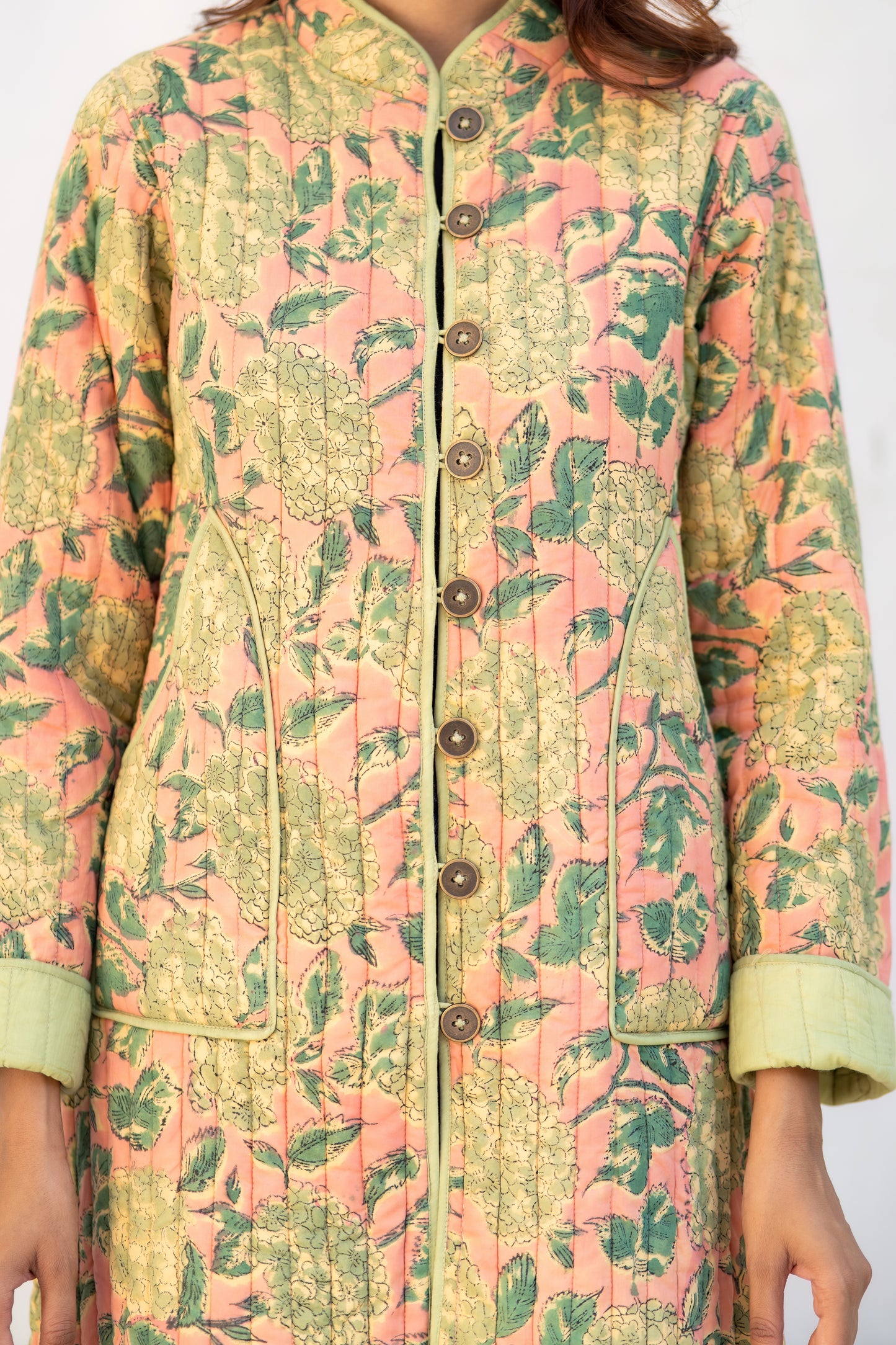 Green Folded Sleeves Quilted Coat-NVQJ630