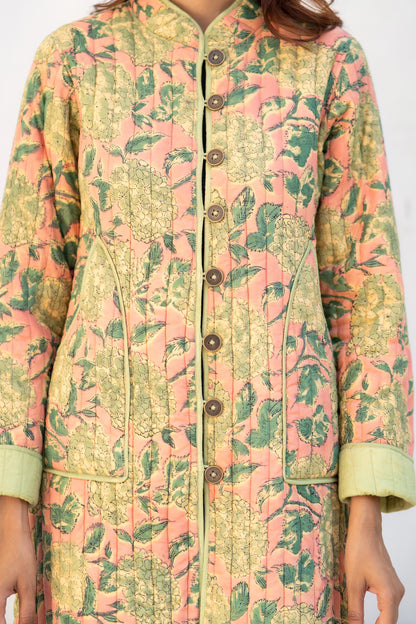 Green Folded Sleeves Quilted Coat-NVQJ630