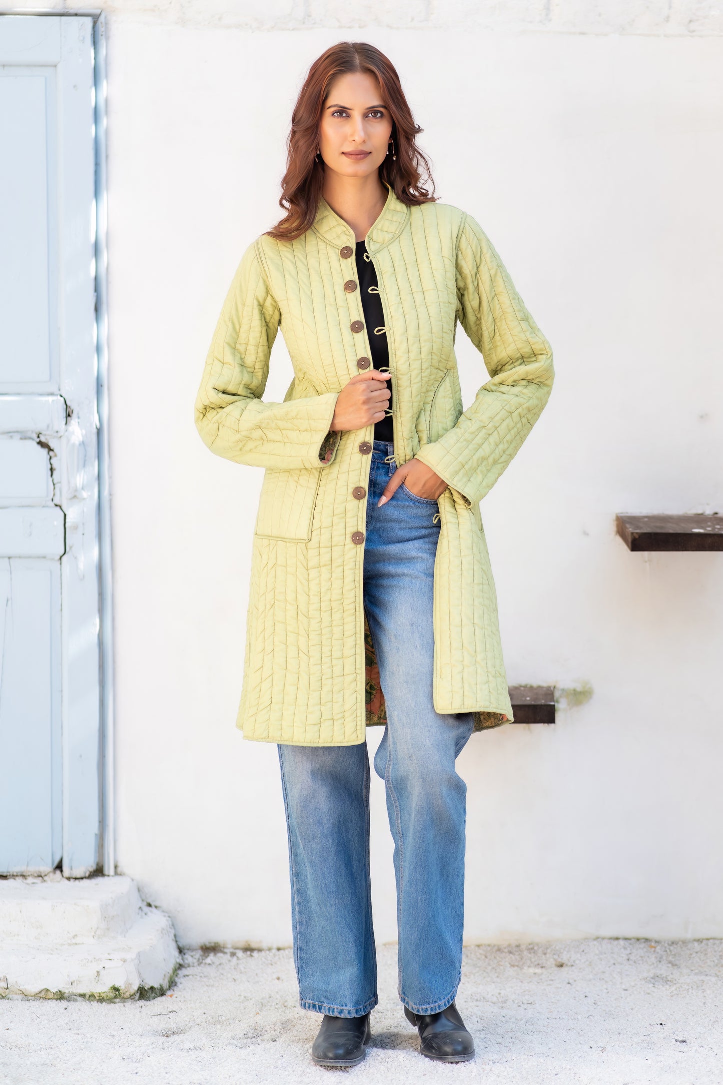 Green Folded Sleeves Quilted Coat-NVQJ630