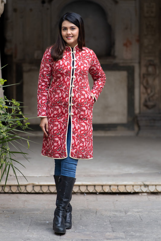 Red Hand Block Printed Reversible Quilted Coat-NVQJ577