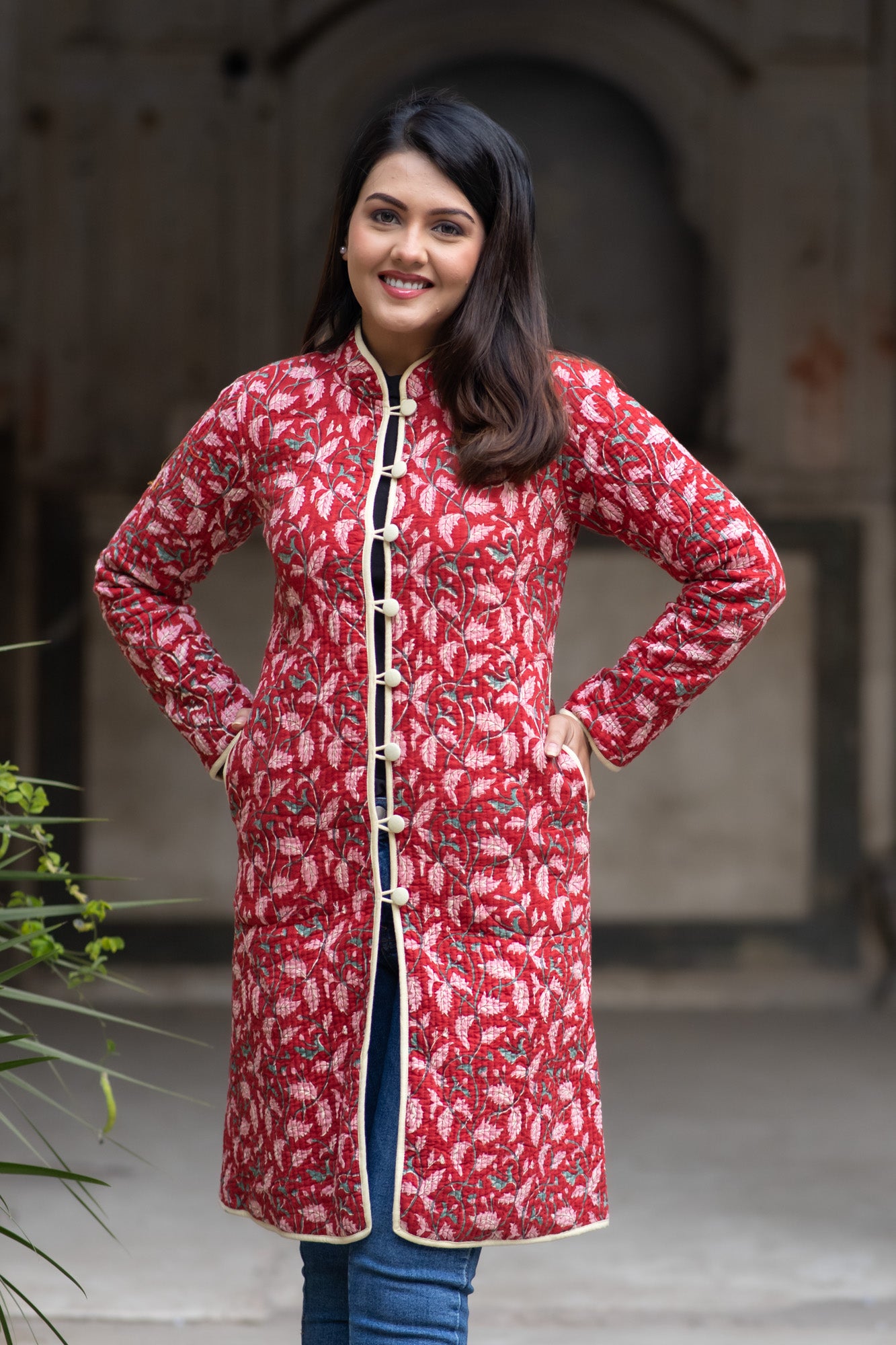 Red Hand Block Printed Reversible Quilted Coat-NVQJ577