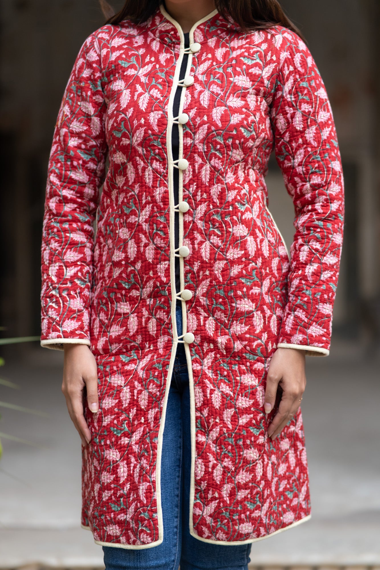 Red Hand Block Printed Reversible Quilted Coat-NVQJ577