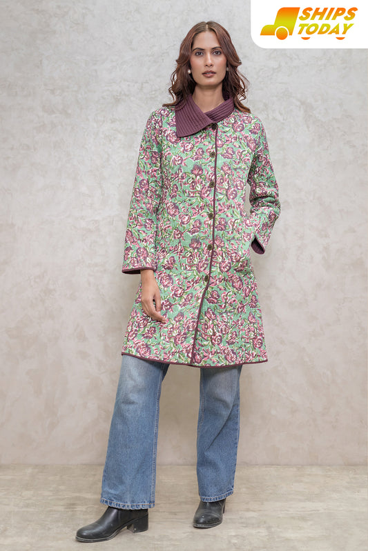 Green Floral Bukhara Quilted Jacket-NVQJ603