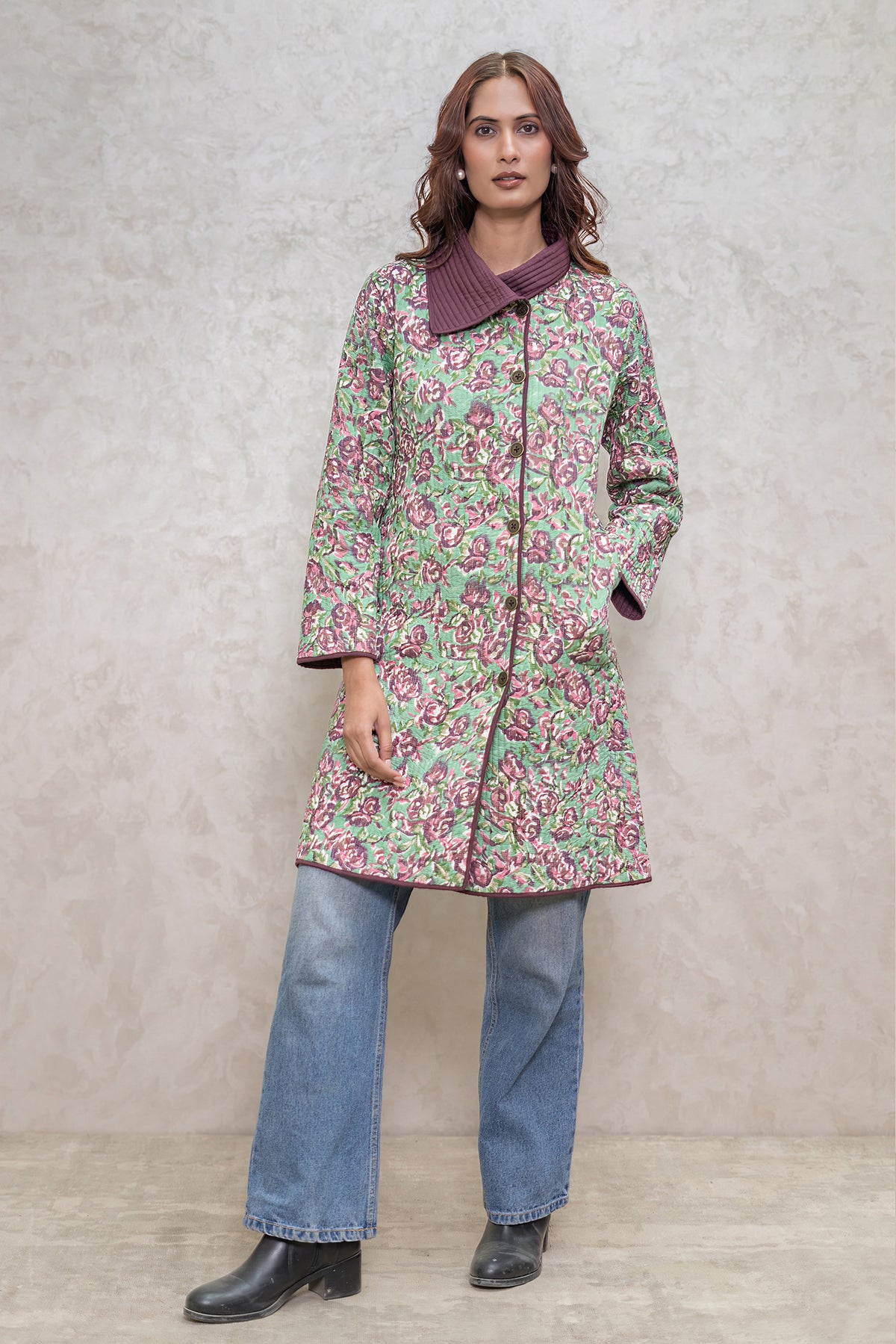 Green Floral Bukhara Quilted Jacket-NVQJ603